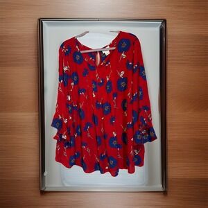 Liz Claiborne Women's Red Floral Blouse – Blue Flower Print – Size 3X